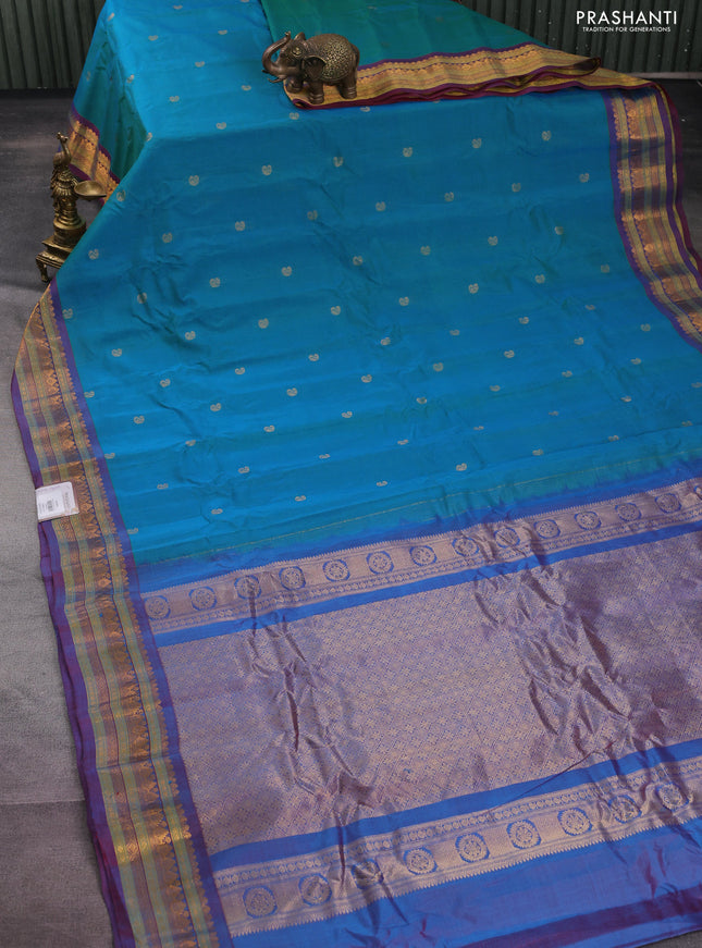 Gadwal silk cotton saree dual shade of greenish blue and dual shade of maroon with zari woven paisley buttas and zari woven border