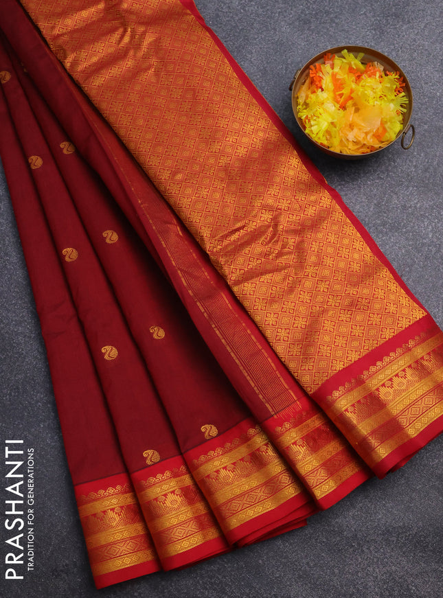 Gadwal silk cotton saree maroon and red with zari woven paisley buttas and zari woven border