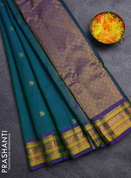 Gadwal silk cotton saree dual shade of greenish blue and dual shade of violet with zari woven paisley buttas and zari woven border