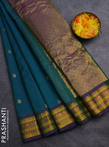 Gadwal silk cotton saree dual shade of greenish blue and violet with zari woven paisley buttas and zari woven border