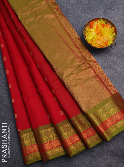 Gadwal silk cotton saree red and dual shade of green with zari woven paisley buttas and zari woven border