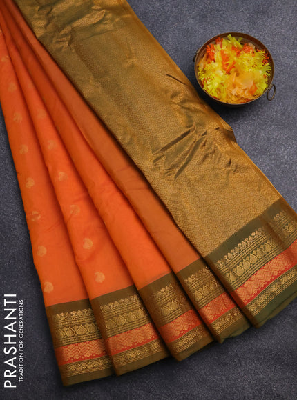 Gadwal silk cotton saree sunset orange and dual shade of green with zari woven paisley buttas and zari woven border