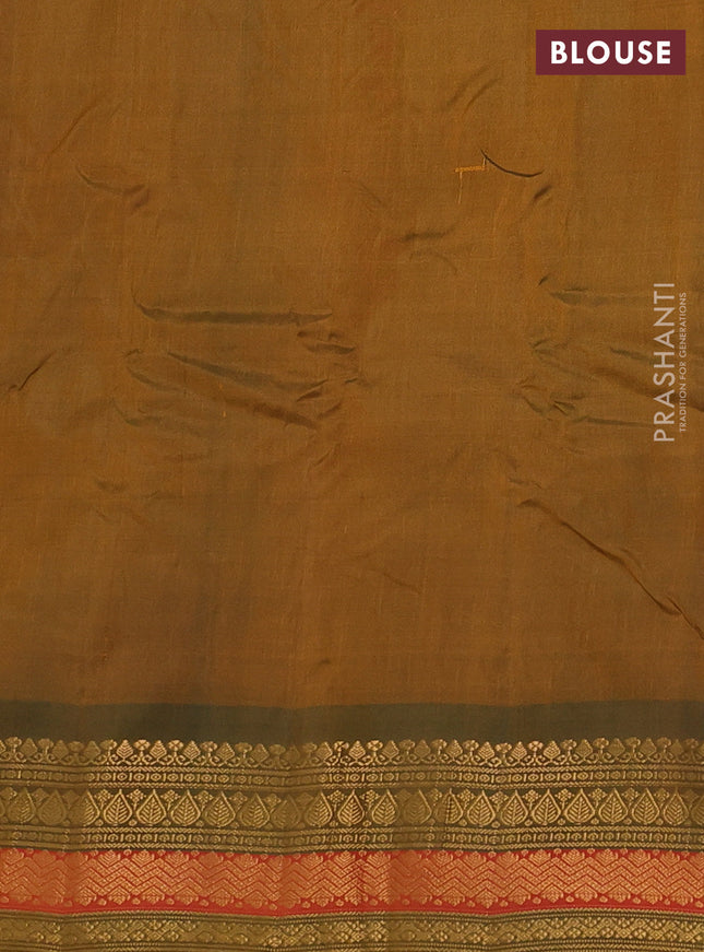 Gadwal silk cotton saree sunset orange and dual shade of green with zari woven paisley buttas and zari woven border