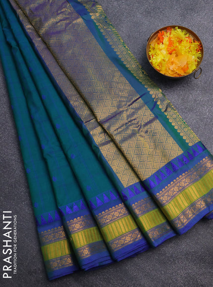 Gadwal silk cotton saree green and blue with allover checked pattern & thread buttas and zari woven border