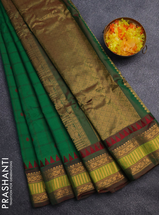 Gadwal silk cotton saree green and dual shade of maroon with allover checked pattern & thread buttas and zari woven border