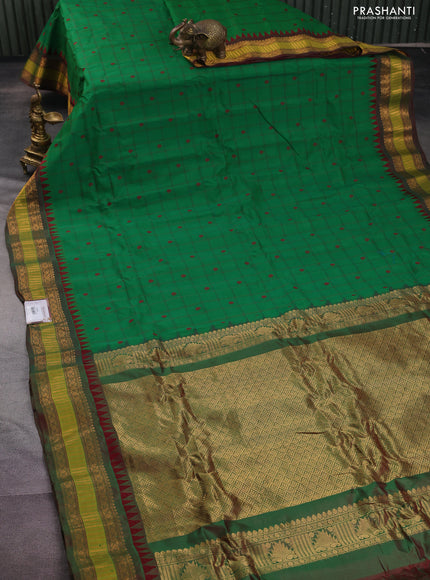 Gadwal silk cotton saree green and dual shade of maroon with allover checked pattern & thread buttas and zari woven border