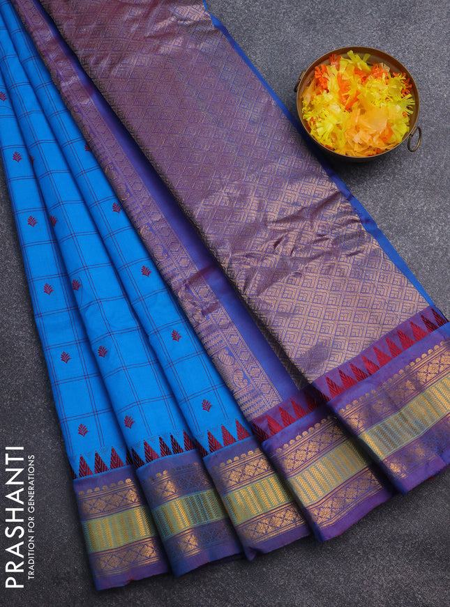 Gadwal silk cotton saree cs blue and dual shade of maroon with allover checked pattern & thread buttas and zari woven border