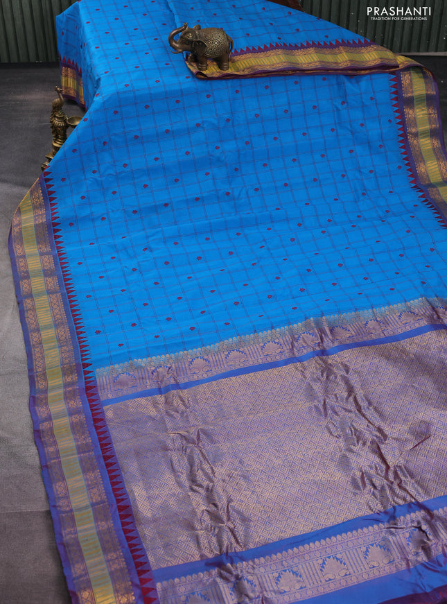 Gadwal silk cotton saree cs blue and dual shade of maroon with allover checked pattern & thread buttas and zari woven border
