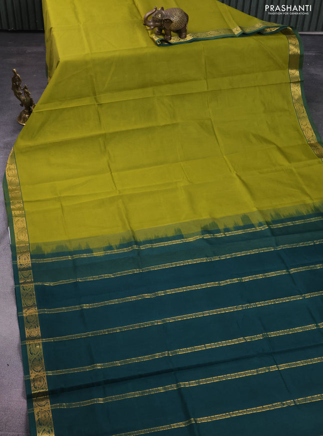 Silk cotton saree mehendi green and green with plain body and zari woven border