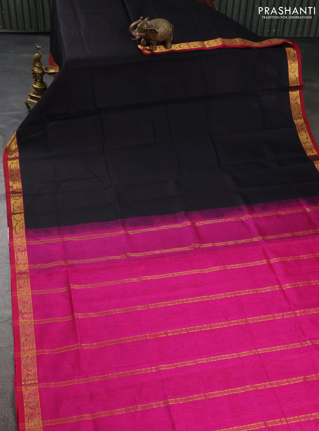Silk cotton saree black and pink with plain body and zari woven border