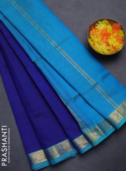 Silk cotton saree blue and teal blue with plain body and zari woven border