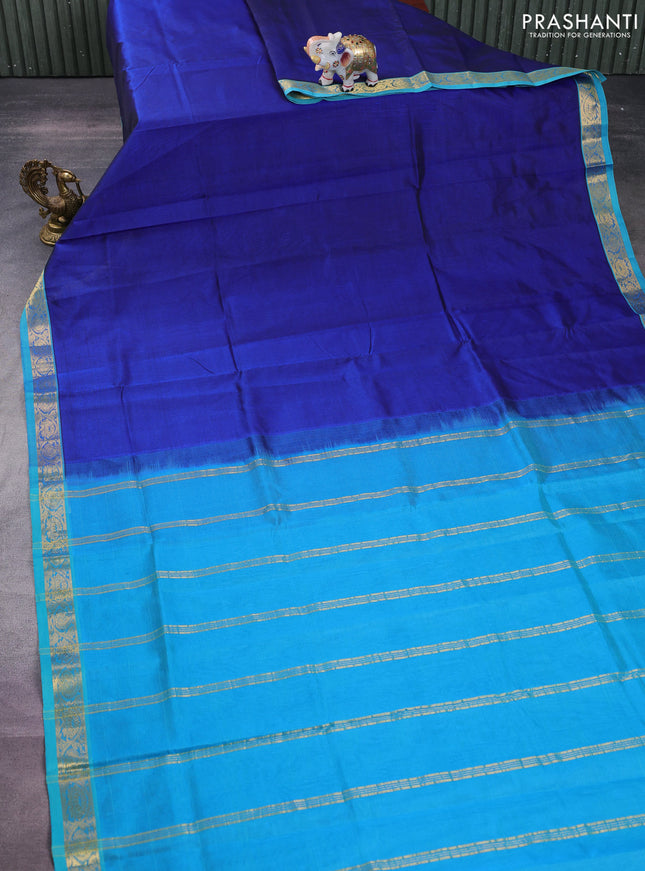 Silk cotton saree blue and teal blue with plain body and zari woven border