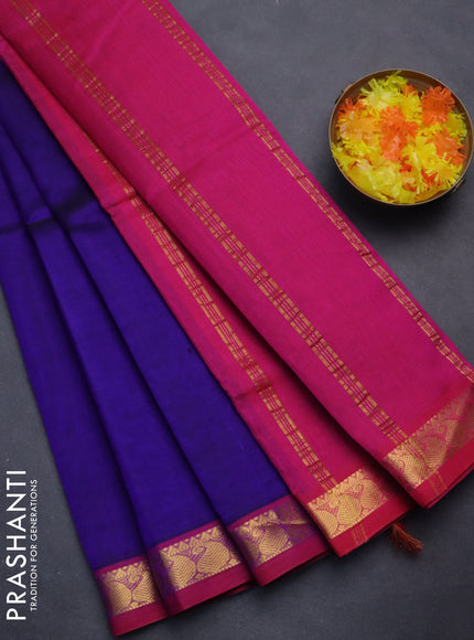 Silk cotton saree blue and pink with plain body and zari woven border