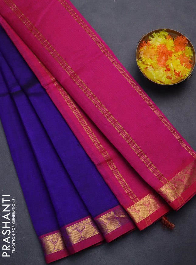Silk cotton saree blue and pink with plain body and zari woven border
