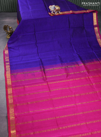 Silk cotton saree blue and pink with plain body and zari woven border