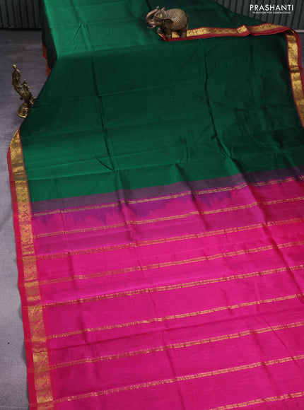 Silk cotton saree green and pink with plain body and zari woven border