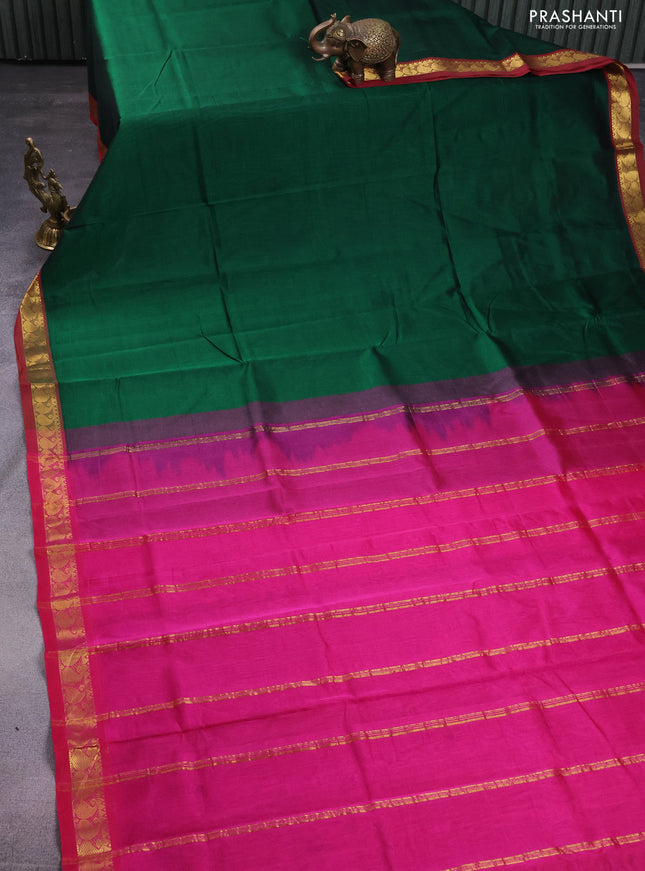 Silk cotton saree green and pink with plain body and zari woven border