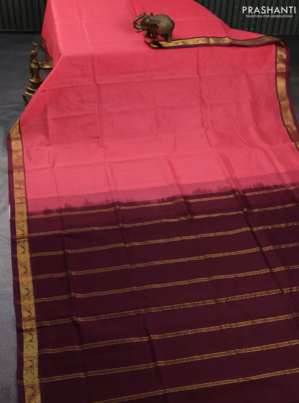 Silk cotton saree peach pink and deep maroon with plain body and zari woven border