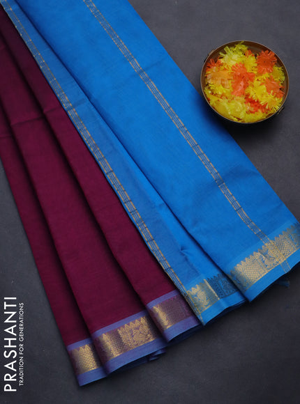 Silk cotton saree magenta pink and cs blue with plain body and zari woven border