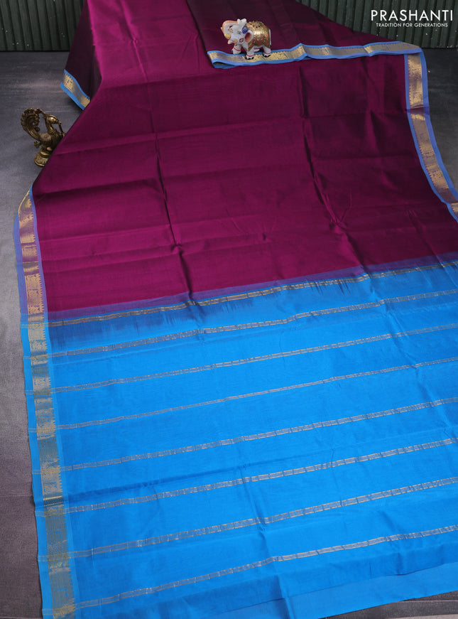 Silk cotton saree magenta pink and cs blue with plain body and zari woven border
