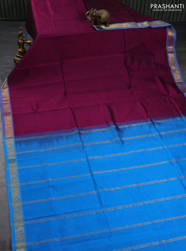 Silk cotton saree purple and cs blue with plain body and zari woven border