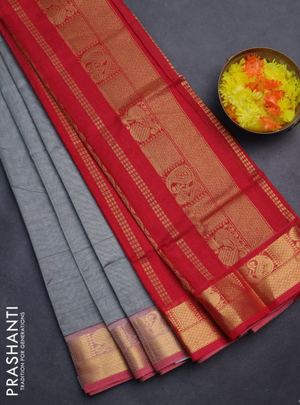 Silk cotton saree grey and red with plain body and zari woven border