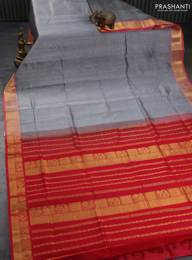 Silk cotton saree grey and red with plain body and zari woven border