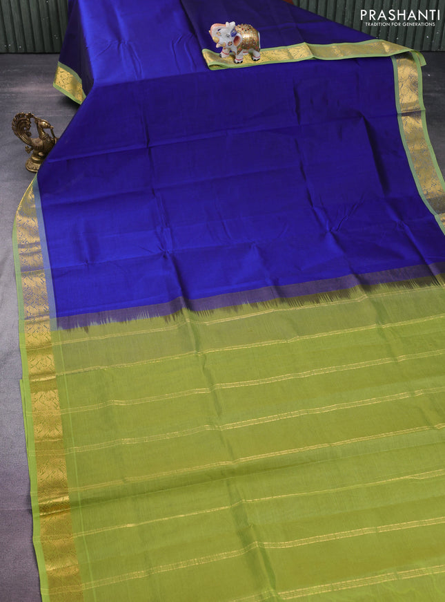 Silk cotton saree blue and light green with plain body and zari woven border