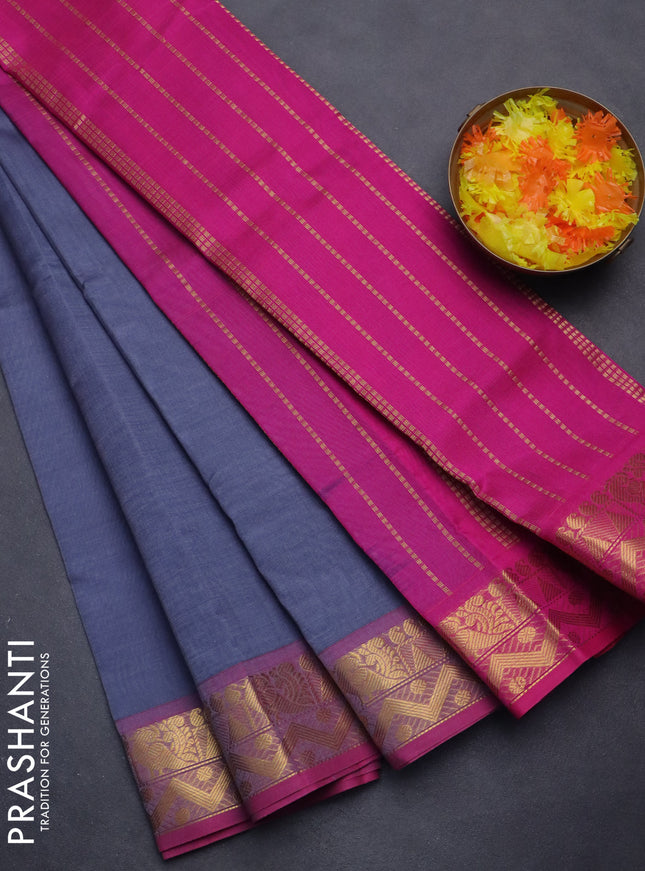 Silk cotton saree grey and pink with plain body and zari woven border