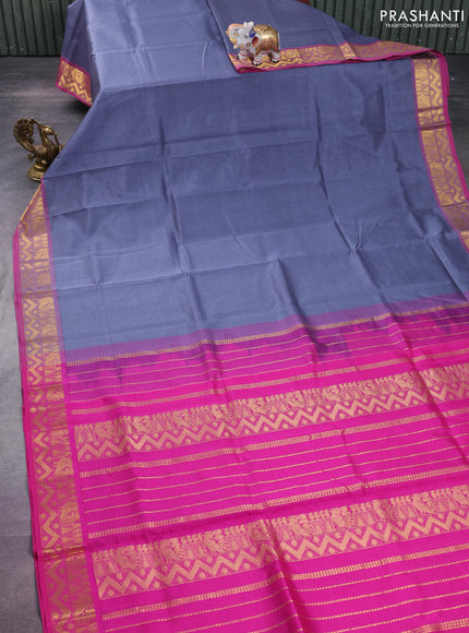 Silk cotton saree grey and pink with plain body and zari woven border