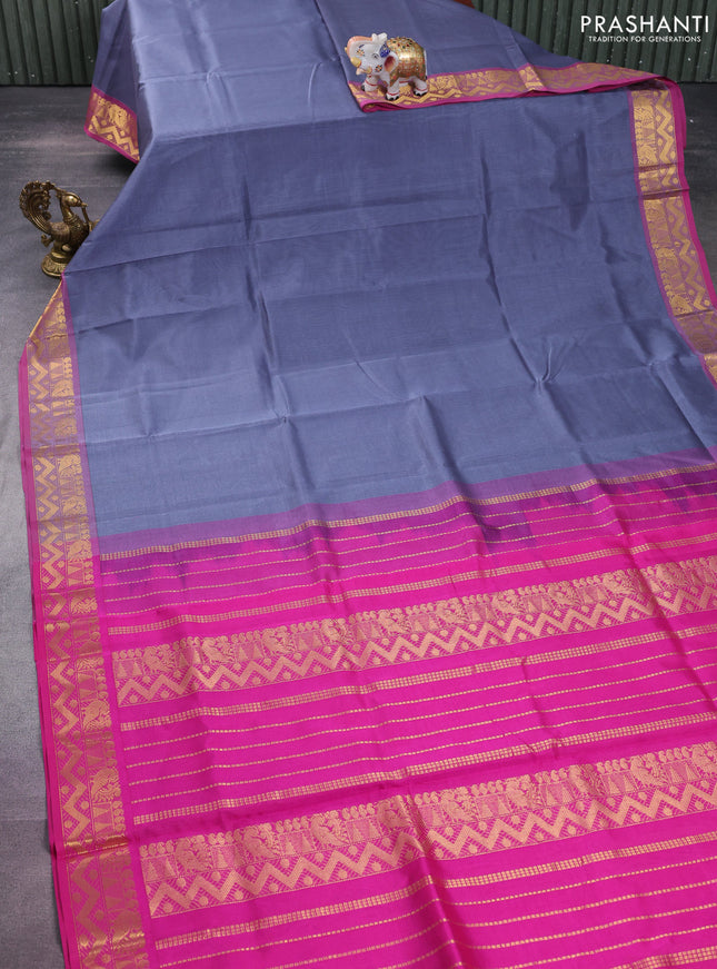 Silk cotton saree grey and pink with plain body and zari woven border