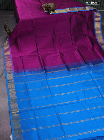 Silk cotton saree purple and cs blue with plain body and zari woven border