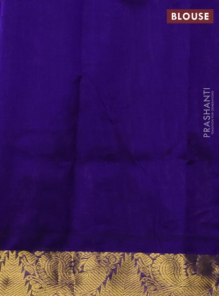 Silk cotton saree mango yellow and blue with plain body and zari woven border