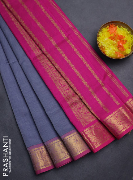 Silk cotton saree grey and pink with plain body and zari woven border