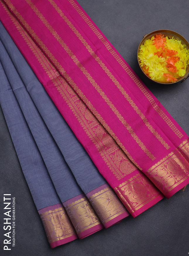 Silk cotton saree grey and pink with plain body and zari woven border