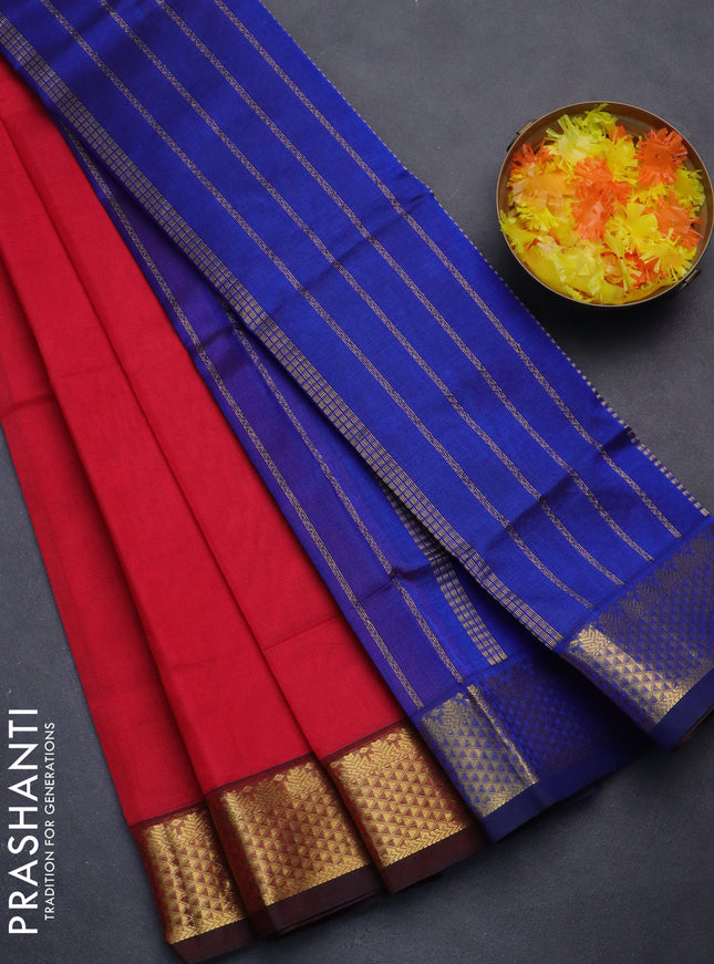 Silk cotton saree red and blue with plain body and zari woven border