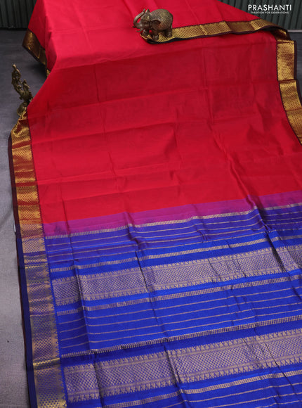 Silk cotton saree red and blue with plain body and zari woven border