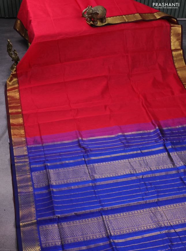 Silk cotton saree red and blue with plain body and zari woven border
