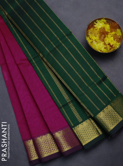 Silk cotton saree pink and green with plain body and zari woven border