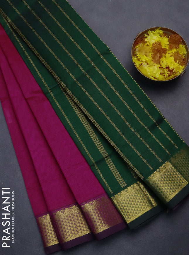 Silk cotton saree pink and green with plain body and zari woven border