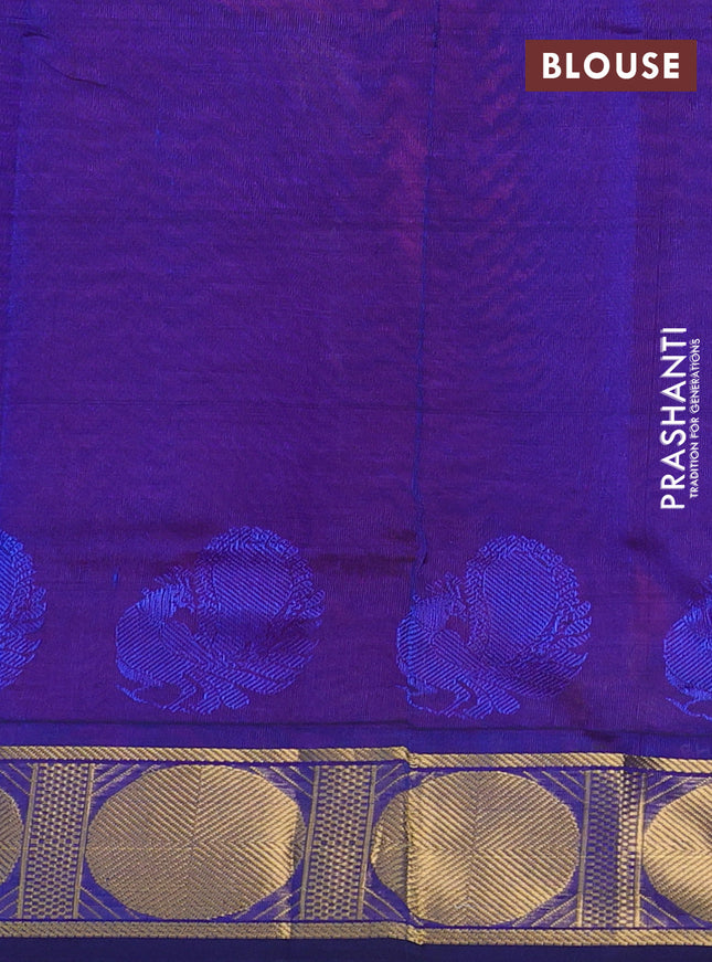Silk cotton saree reddish pink and blue with plain body and rudhraksha zari woven border