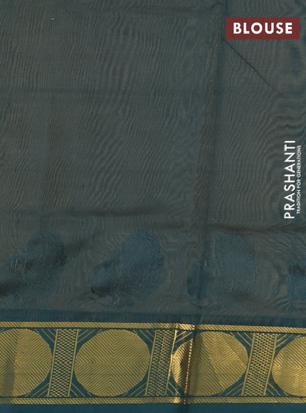 Silk cotton saree pale orange and green with plain body and rudhraksha zari woven border