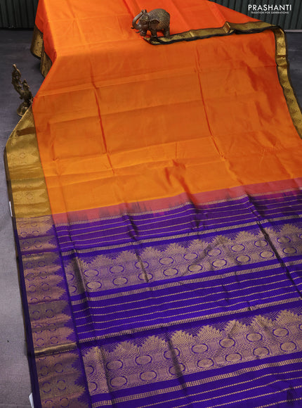 Silk cotton saree orange and blue with plain body and zari woven border