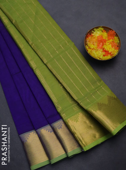 Silk cotton saree blue and light green with plain body and zari woven border