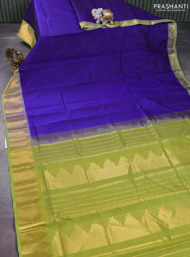 Silk cotton saree blue and light green with plain body and zari woven border