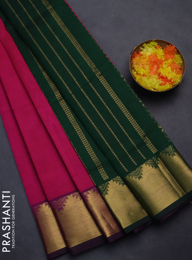 Silk cotton saree pink and green with plain body and zari woven border