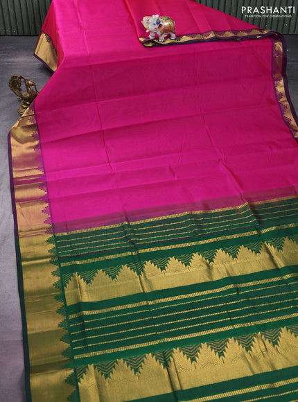 Silk cotton saree pink and green with plain body and zari woven border