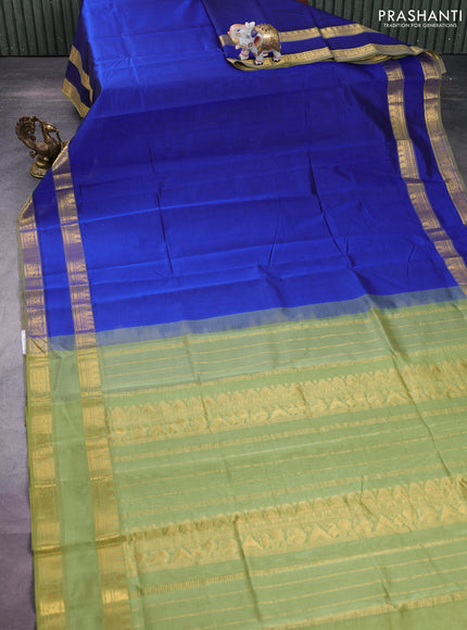 Silk cotton saree blue and pastel green with plain body and rettapet zari woven border