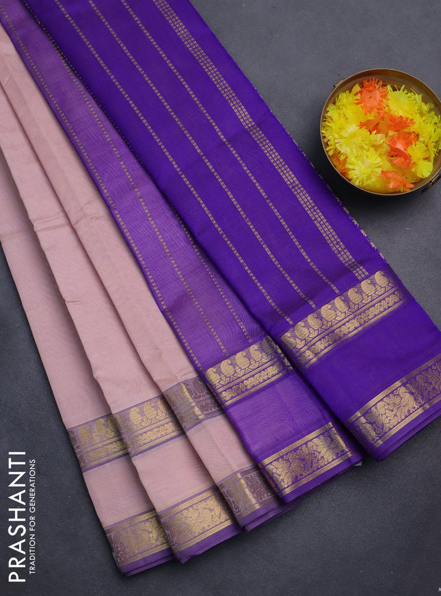 Silk cotton saree pastel peach pink and violet with plain body and rettapet zari woven border
