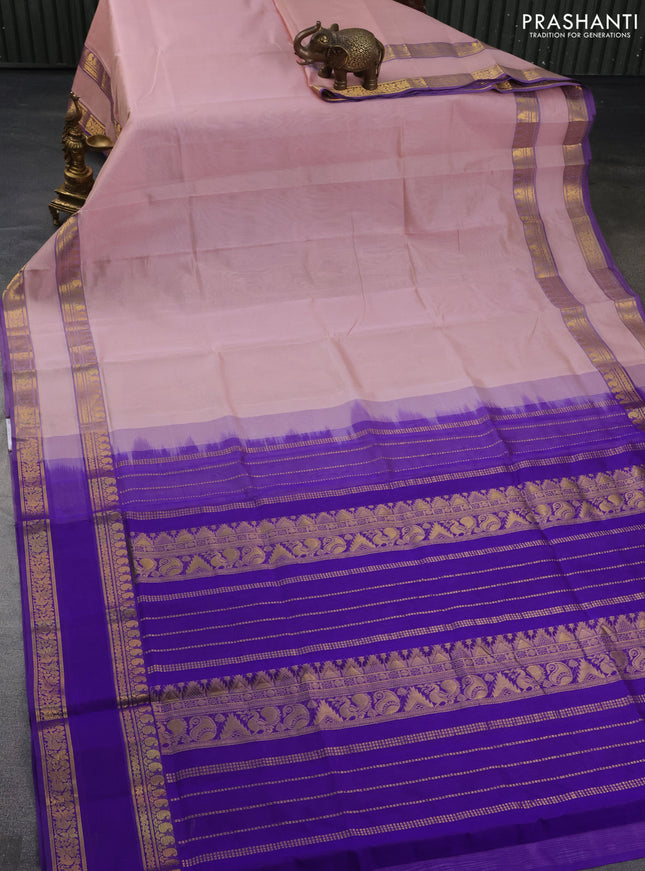 Silk cotton saree pastel peach pink and violet with plain body and rettapet zari woven border